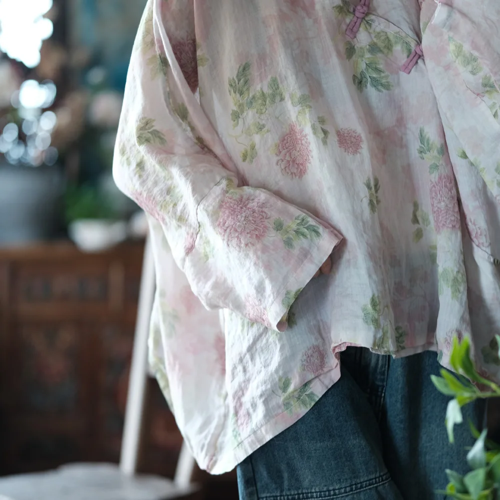 Oversized Women Batwing Sleeve Linen Shirt New 2025 Spring Chinese Style Vintage Floral Print Female Casua Tops Shirts M1057