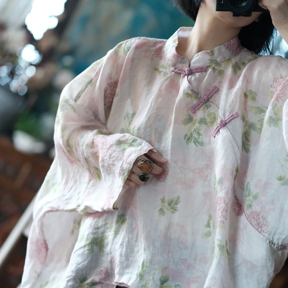 Oversized Women Batwing Sleeve Linen Shirt New 2025 Spring Chinese Style Vintage Floral Print Female Casua Tops Shirts M1057