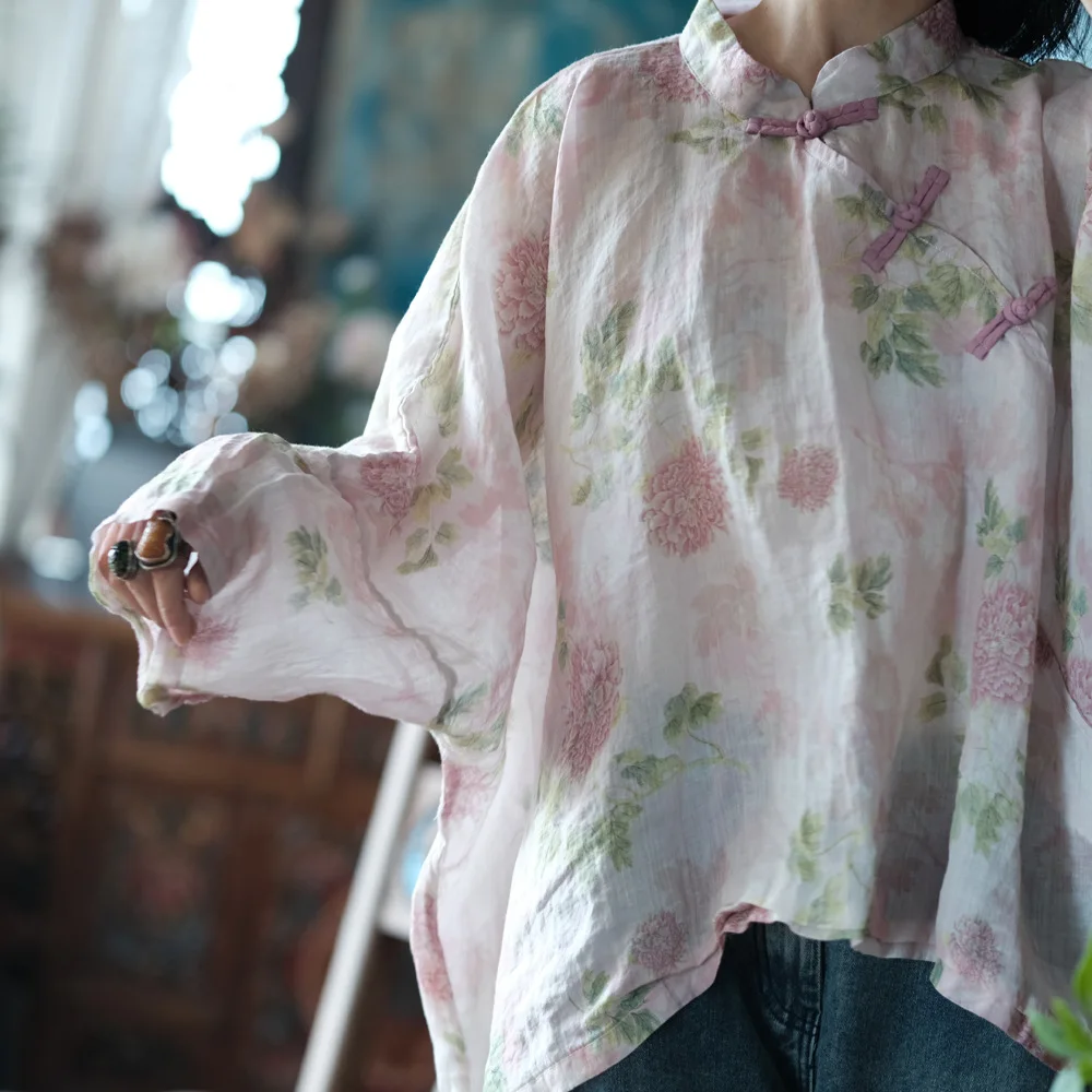 Oversized Women Batwing Sleeve Linen Shirt New 2025 Spring Chinese Style Vintage Floral Print Female Casua Tops Shirts M1057
