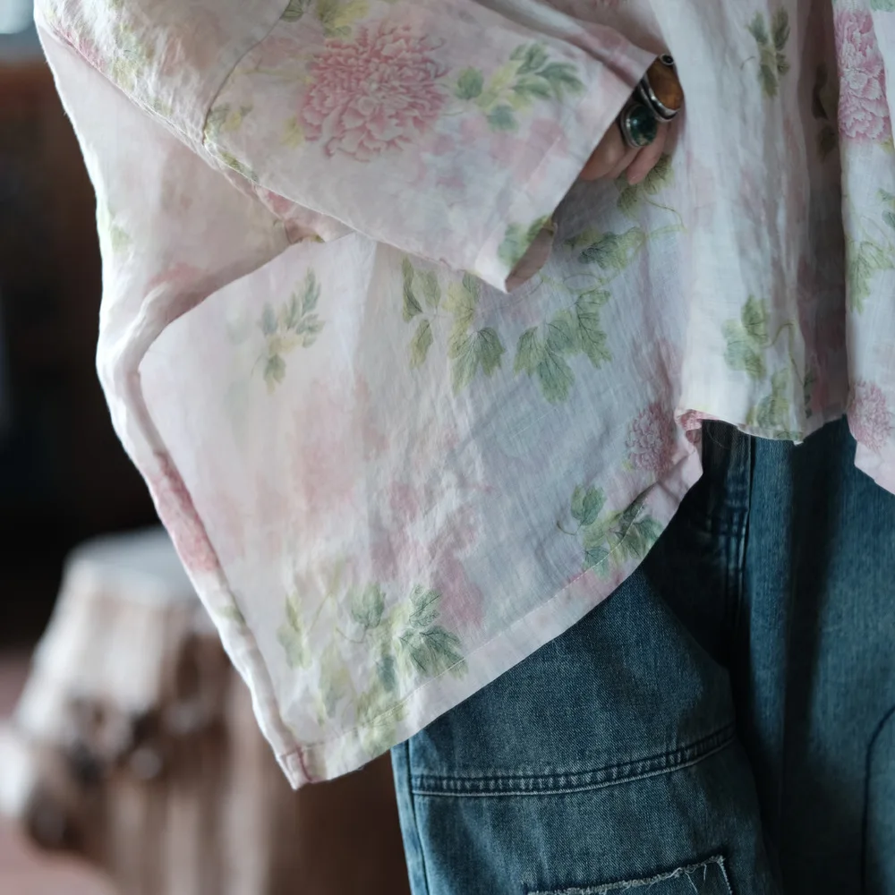 Oversized Women Batwing Sleeve Linen Shirt New 2025 Spring Chinese Style Vintage Floral Print Female Casua Tops Shirts M1057