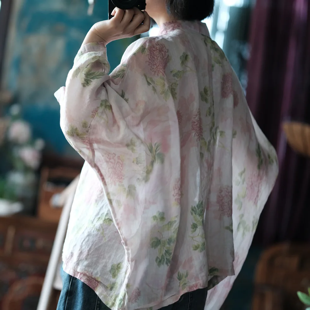 Oversized Women Batwing Sleeve Linen Shirt New 2025 Spring Chinese Style Vintage Floral Print Female Casua Tops Shirts M1057