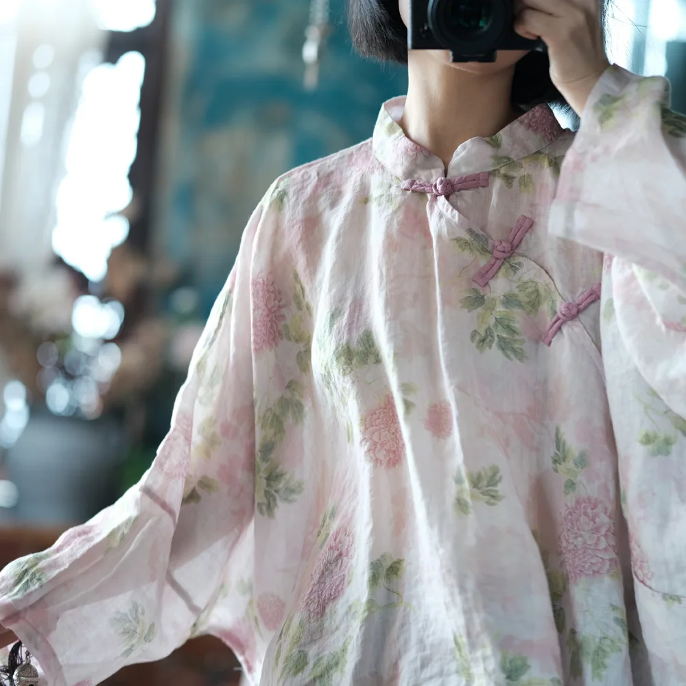 Oversized Women Batwing Sleeve Linen Shirt New 2025 Spring Chinese Style Vintage Floral Print Female Casua Tops Shirts M1057