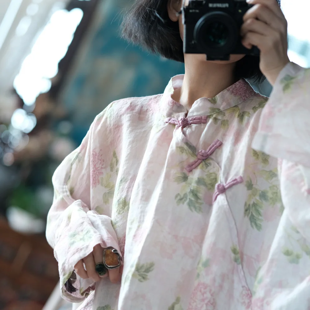 Oversized Women Batwing Sleeve Linen Shirt New 2025 Spring Chinese Style Vintage Floral Print Female Casua Tops Shirts M1057