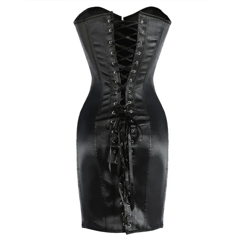 S-6XL Satin Women's Long Torso Corset Lace Up Overbust Punk Style Bustier Everyday Club Wear Dress Plus Size Black