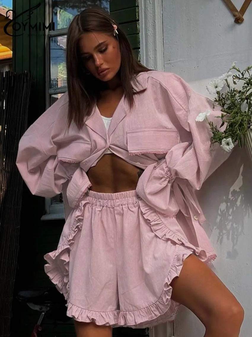 Oymimi Elegant Pink Cotton Sets For Women 2 Pieces Fashion Pockets Long Sleeve Lace-Up Shirts And High Waist Ruffled Shorts Sets