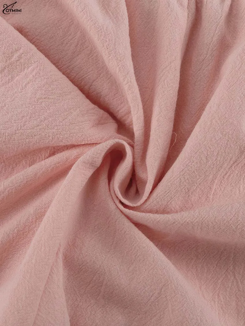Oymimi Elegant Pink Cotton Sets For Women 2 Pieces Fashion Pockets Long Sleeve Lace-Up Shirts And High Waist Ruffled Shorts Sets
