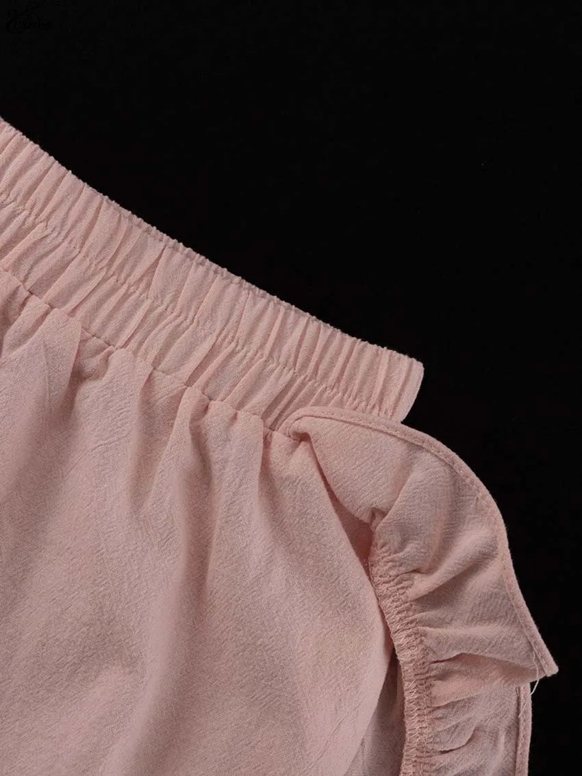 Oymimi Elegant Pink Cotton Sets For Women 2 Pieces Fashion Pockets Long Sleeve Lace-Up Shirts And High Waist Ruffled Shorts Sets
