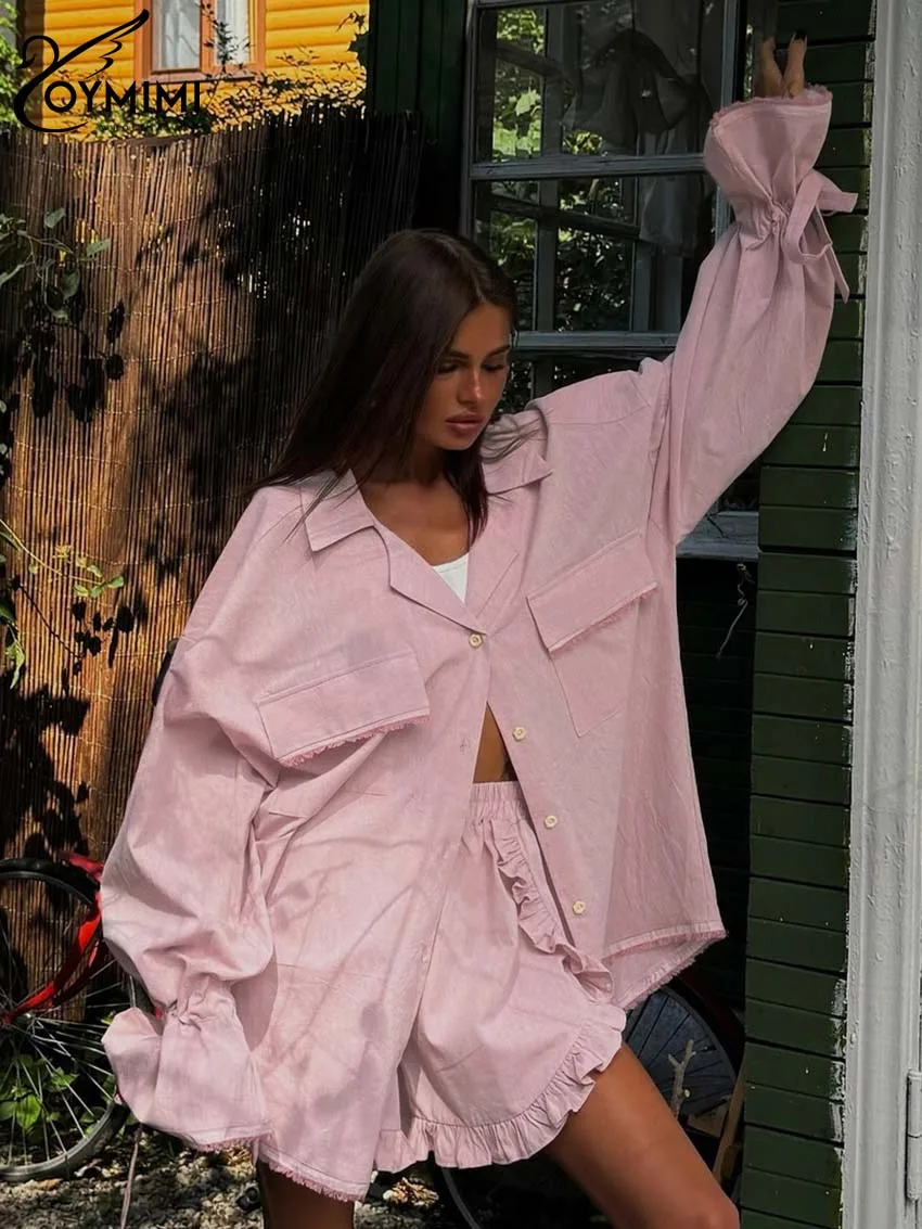 Oymimi Elegant Pink Cotton Sets For Women 2 Pieces Fashion Pockets Long Sleeve Lace-Up Shirts And High Waist Ruffled Shorts Sets