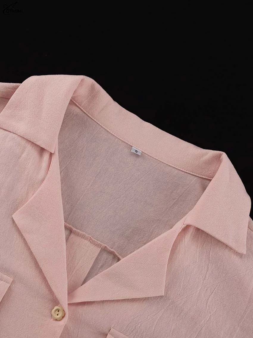 Oymimi Elegant Pink Cotton Sets For Women 2 Pieces Fashion Pockets Long Sleeve Lace-Up Shirts And High Waist Ruffled Shorts Sets