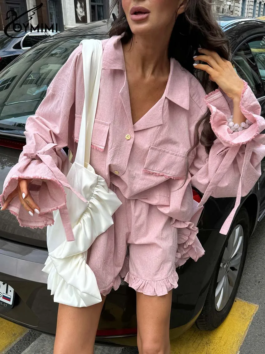Oymimi Elegant Pink Cotton Sets For Women 2 Pieces Fashion Pockets Long Sleeve Lace-Up Shirts And High Waist Ruffled Shorts Sets