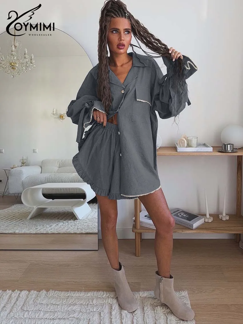 Oymimi Elegant Pink Cotton Sets For Women 2 Pieces Fashion Pockets Long Sleeve Lace-Up Shirts And High Waist Ruffled Shorts Sets