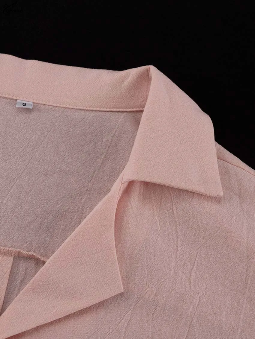 Oymimi Elegant Pink Cotton Sets For Women 2 Pieces Fashion Pockets Long Sleeve Lace-Up Shirts And High Waist Ruffled Shorts Sets