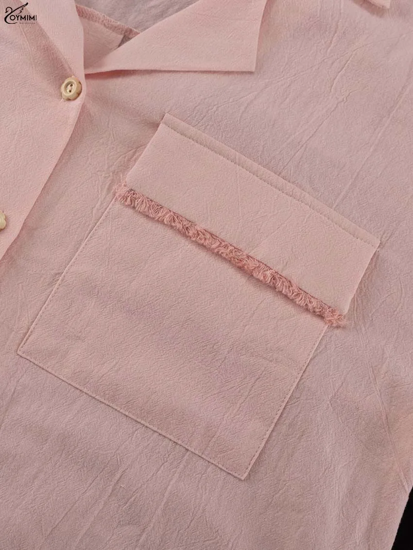 Oymimi Elegant Pink Cotton Sets For Women 2 Pieces Fashion Pockets Long Sleeve Lace-Up Shirts And High Waist Ruffled Shorts Sets