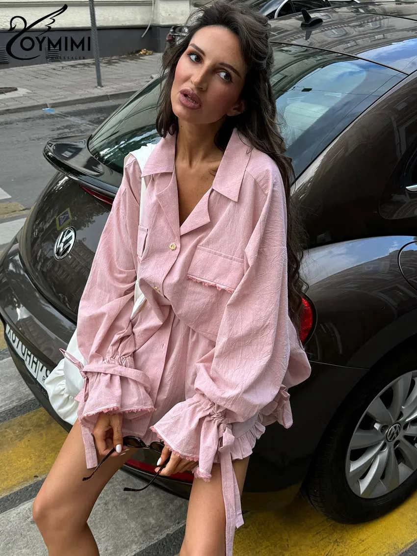 Oymimi Elegant Pink Cotton Sets For Women 2 Pieces Fashion Pockets Long Sleeve Lace-Up Shirts And High Waist Ruffled Shorts Sets
