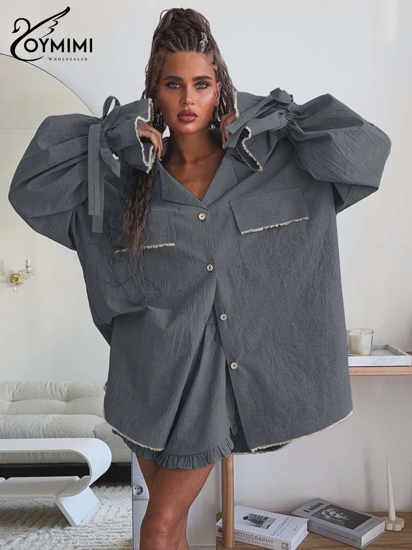 Oymimi Elegant Pink Cotton Sets For Women 2 Pieces Fashion Pockets Long Sleeve Lace-Up Shirts And High Waist Ruffled Shorts Sets