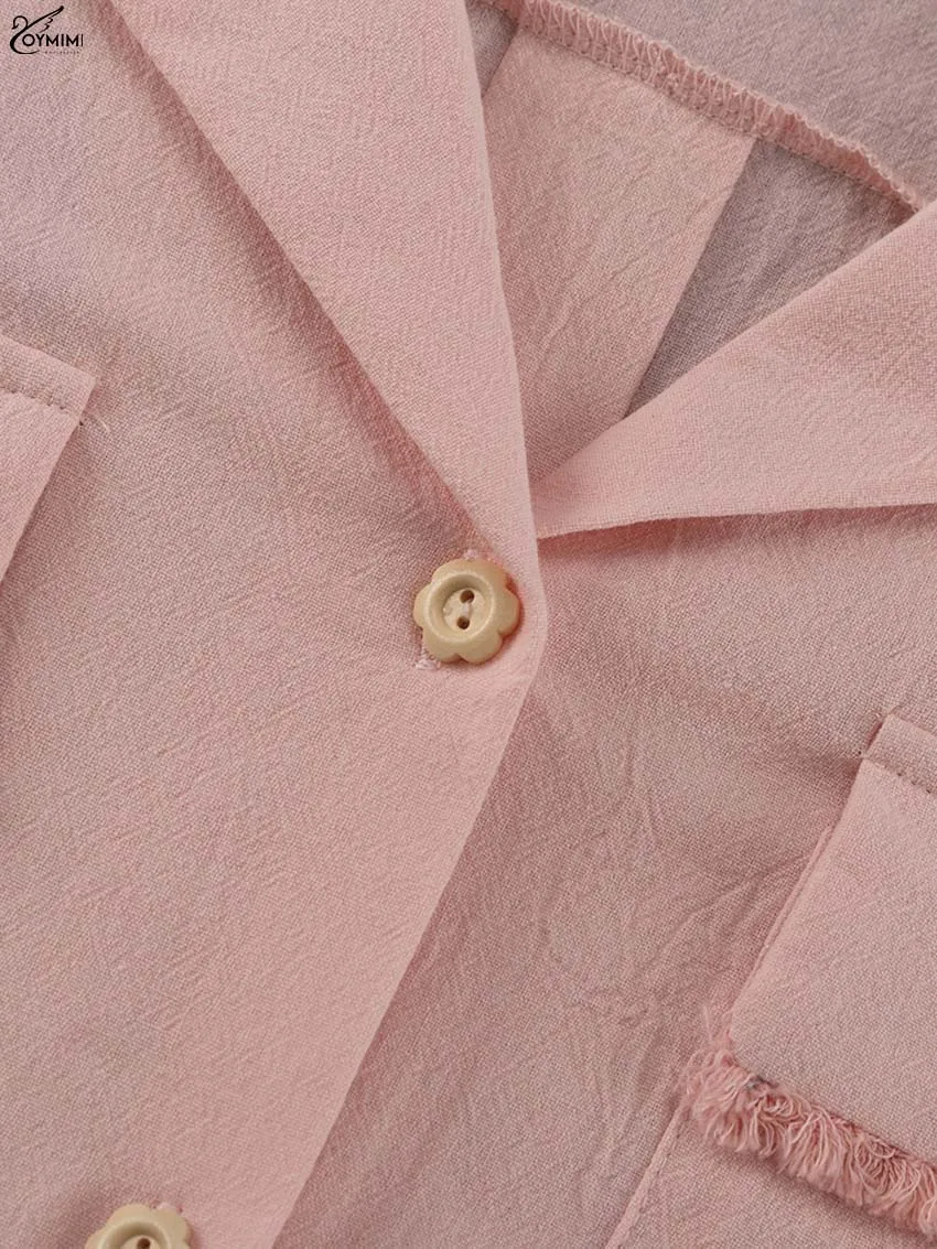 Oymimi Elegant Pink Cotton Sets For Women 2 Pieces Fashion Pockets Long Sleeve Lace-Up Shirts And High Waist Ruffled Shorts Sets