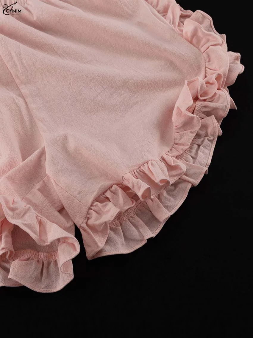 Oymimi Elegant Pink Cotton Sets For Women 2 Pieces Fashion Pockets Long Sleeve Lace-Up Shirts And High Waist Ruffled Shorts Sets