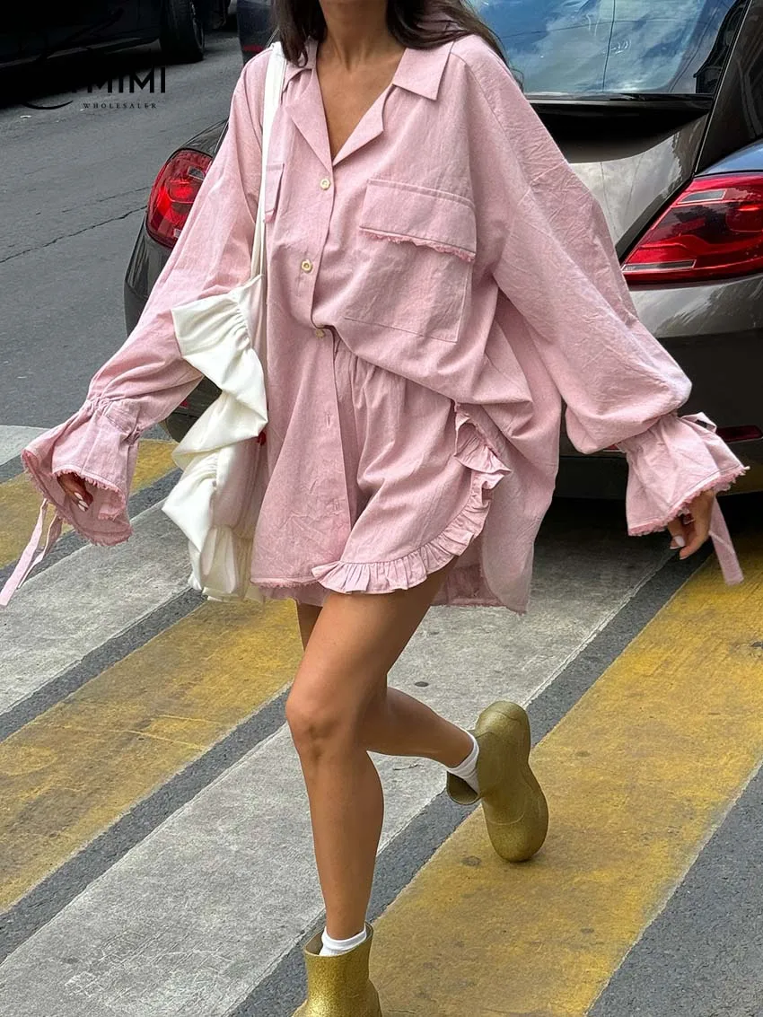 Oymimi Elegant Pink Cotton Sets For Women 2 Pieces Fashion Pockets Long Sleeve Lace-Up Shirts And High Waist Ruffled Shorts Sets