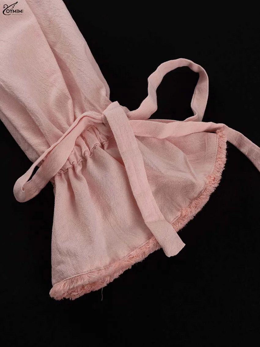 Oymimi Elegant Pink Cotton Sets For Women 2 Pieces Fashion Pockets Long Sleeve Lace-Up Shirts And High Waist Ruffled Shorts Sets