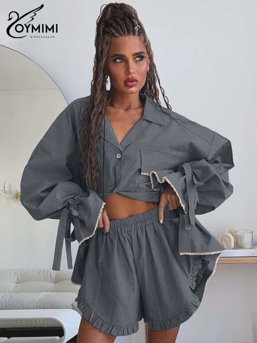 Oymimi Elegant Pink Cotton Sets For Women 2 Pieces Fashion Pockets Long Sleeve Lace-Up Shirts And High Waist Ruffled Shorts Sets