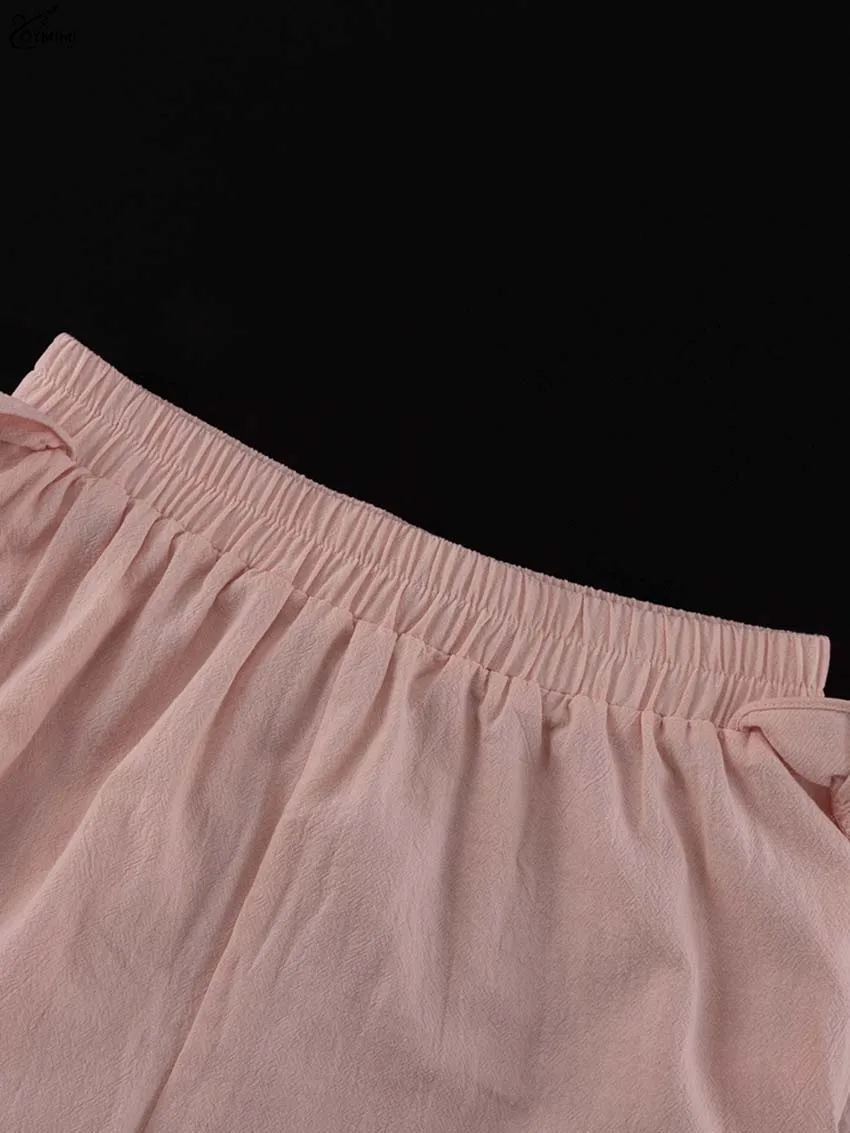 Oymimi Elegant Pink Cotton Sets For Women 2 Pieces Fashion Pockets Long Sleeve Lace-Up Shirts And High Waist Ruffled Shorts Sets