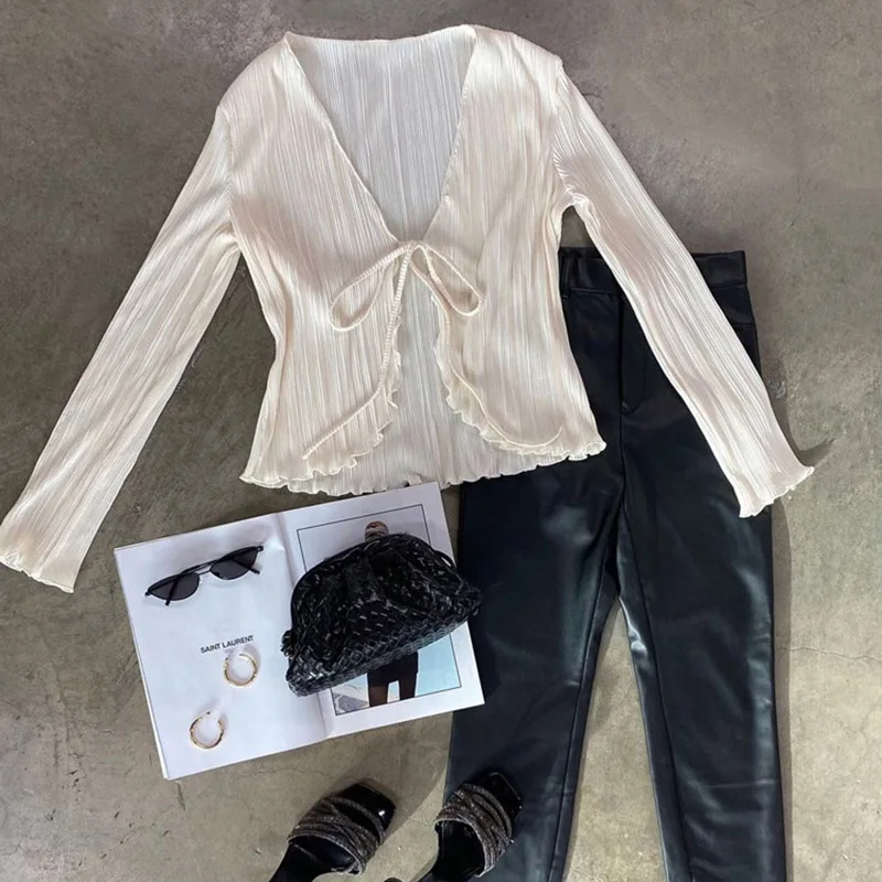 2025 Women Pleated Plain Shirts Spring Fall Chic Long Flare Sleeve V- Neck Tie Up Cardigans Tops for Casual Party Street