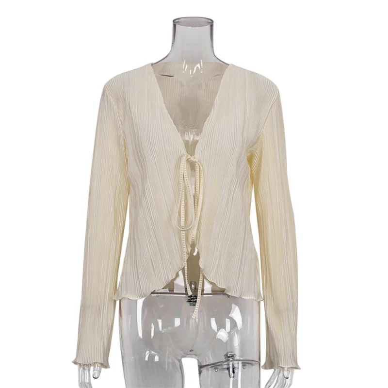 2025 Women Pleated Plain Shirts Spring Fall Chic Long Flare Sleeve V- Neck Tie Up Cardigans Tops for Casual Party Street