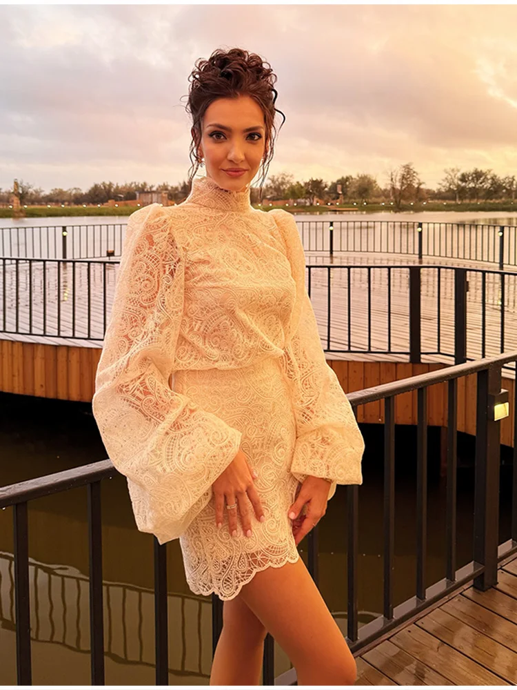 Elegant Hollow Out Lace Short Set Fashion Trendy High Neck Long sleeves Mini Vestidos 2025 Autumn New Chic Party Club Outfit