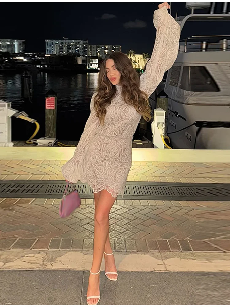 Elegant Hollow Out Lace Short Set Fashion Trendy High Neck Long sleeves Mini Vestidos 2025 Autumn New Chic Party Club Outfit