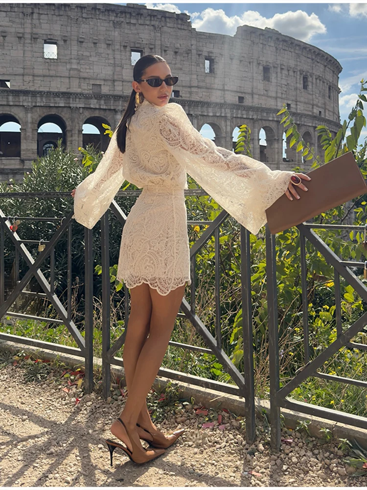Elegant Hollow Out Lace Short Set Fashion Trendy High Neck Long sleeves Mini Vestidos 2025 Autumn New Chic Party Club Outfit
