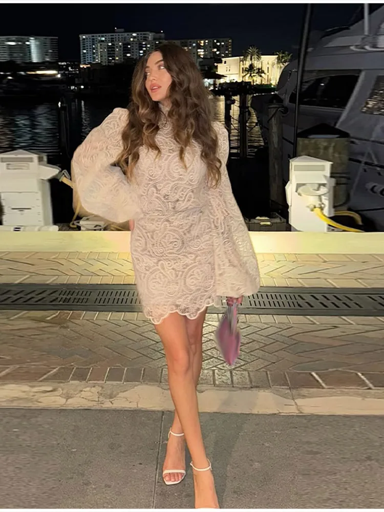 Elegant Hollow Out Lace Short Set Fashion Trendy High Neck Long sleeves Mini Vestidos 2025 Autumn New Chic Party Club Outfit
