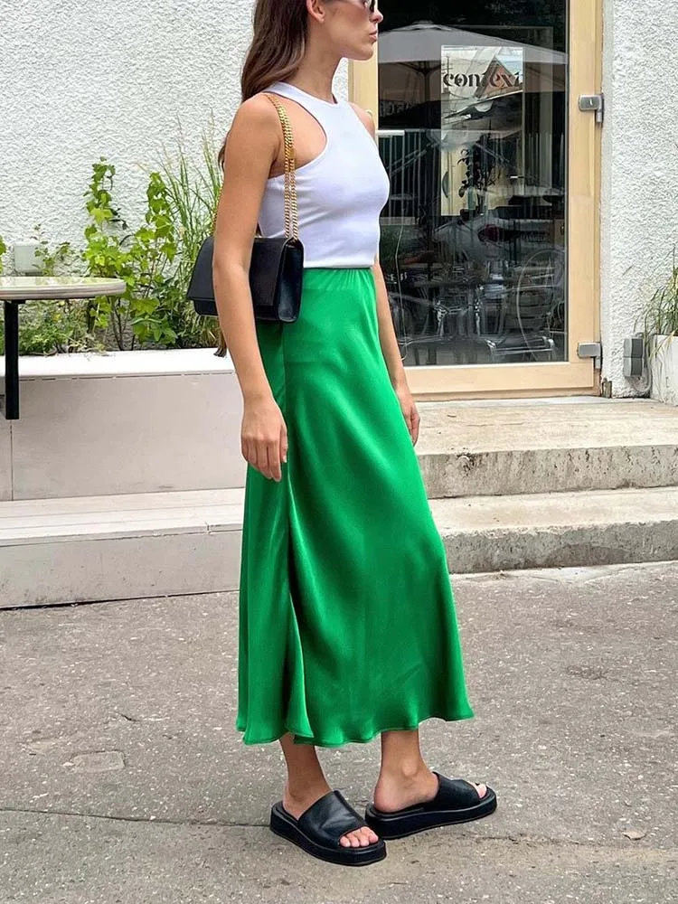 Elegant Women's Skirts High Waist Silk Satin A-line Skirt Lady Fashion Solid Color Purple Long Skirts for Women Fashion 2026