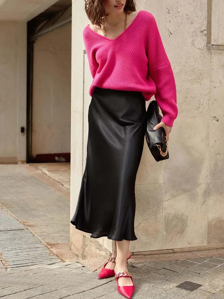 Elegant Women's Skirts High Waist Silk Satin A-line Skirt Lady Fashion Solid Color Purple Long Skirts for Women Fashion 2026