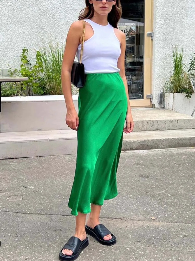 Elegant Women's Skirts High Waist Silk Satin A-line Skirt Lady Fashion Solid Color Purple Long Skirts for Women Fashion 2026