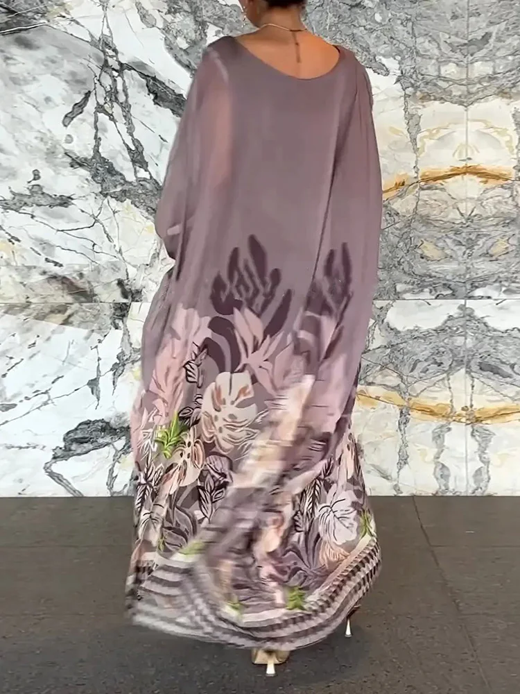 2026 Wrist Sleeve Print Patchwork Maxi Dress, Women O Neck Fashion Elegant Party Dress, Spring Autumn Simple Loose Ladies Dress