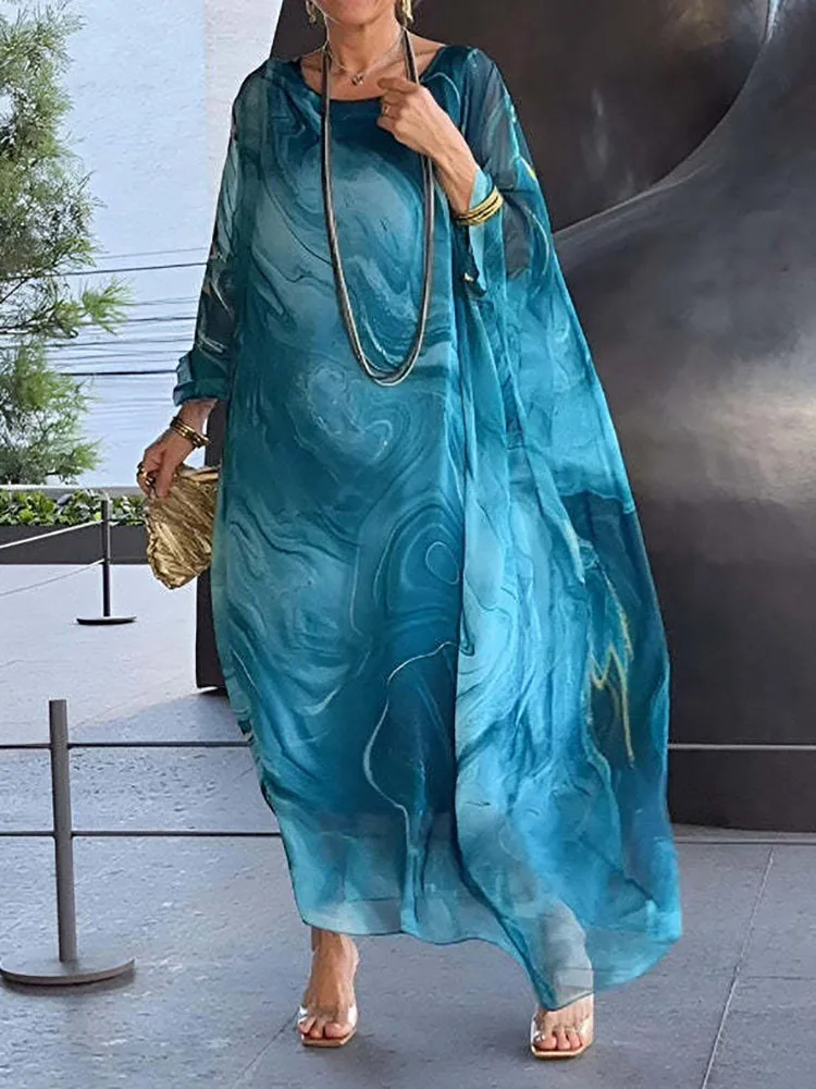 2026 Wrist Sleeve Print Patchwork Maxi Dress, Women O Neck Fashion Elegant Party Dress, Spring Autumn Simple Loose Ladies Dress