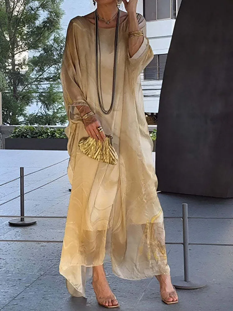 2026 Wrist Sleeve Print Patchwork Maxi Dress, Women O Neck Fashion Elegant Party Dress, Spring Autumn Simple Loose Ladies Dress