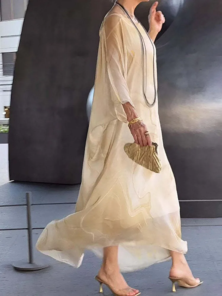 2026 Wrist Sleeve Print Patchwork Maxi Dress, Women O Neck Fashion Elegant Party Dress, Spring Autumn Simple Loose Ladies Dress