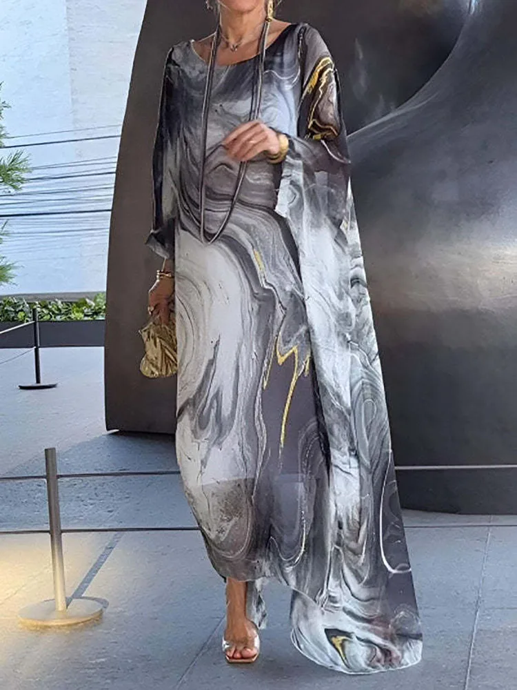 2026 Wrist Sleeve Print Patchwork Maxi Dress, Women O Neck Fashion Elegant Party Dress, Spring Autumn Simple Loose Ladies Dress
