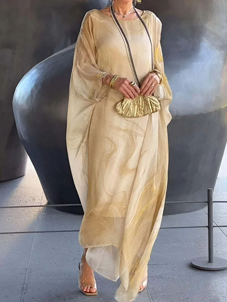 2026 Wrist Sleeve Print Patchwork Maxi Dress, Women O Neck Fashion Elegant Party Dress, Spring Autumn Simple Loose Ladies Dress