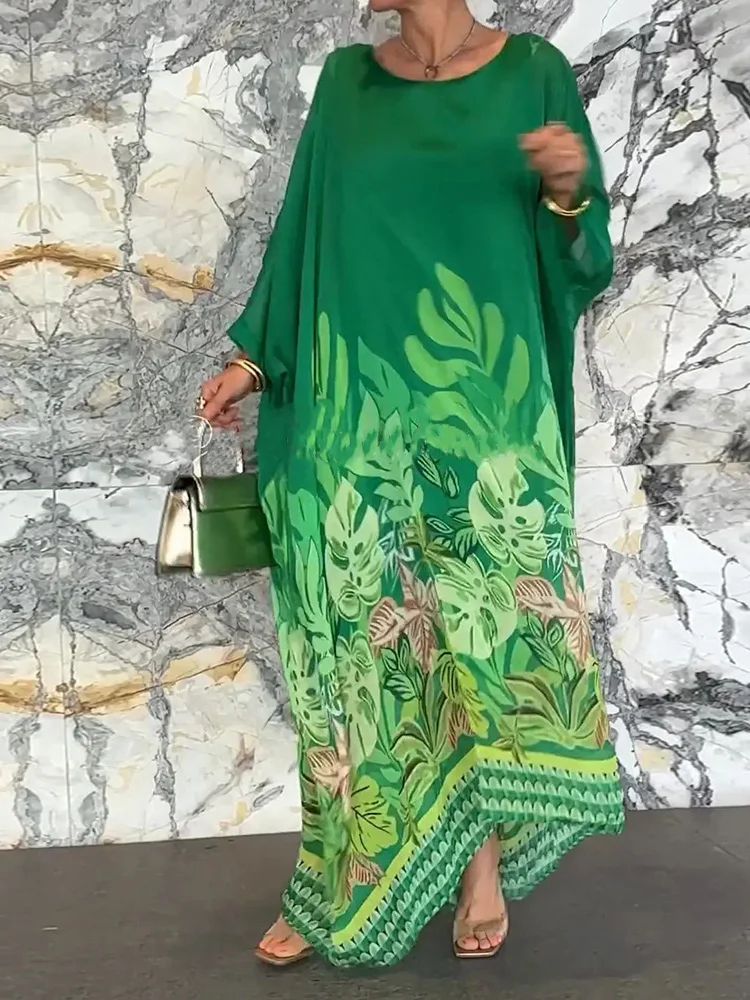 2026 Wrist Sleeve Print Patchwork Maxi Dress, Women O Neck Fashion Elegant Party Dress, Spring Autumn Simple Loose Ladies Dress