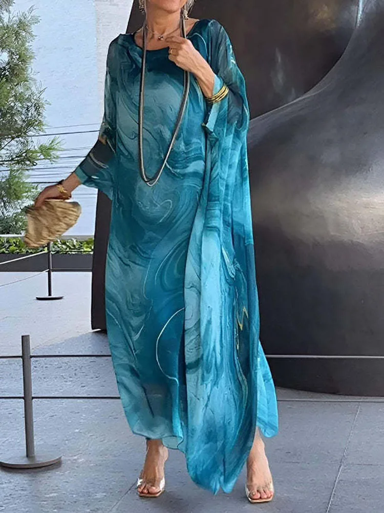 2026 Wrist Sleeve Print Patchwork Maxi Dress, Women O Neck Fashion Elegant Party Dress, Spring Autumn Simple Loose Ladies Dress