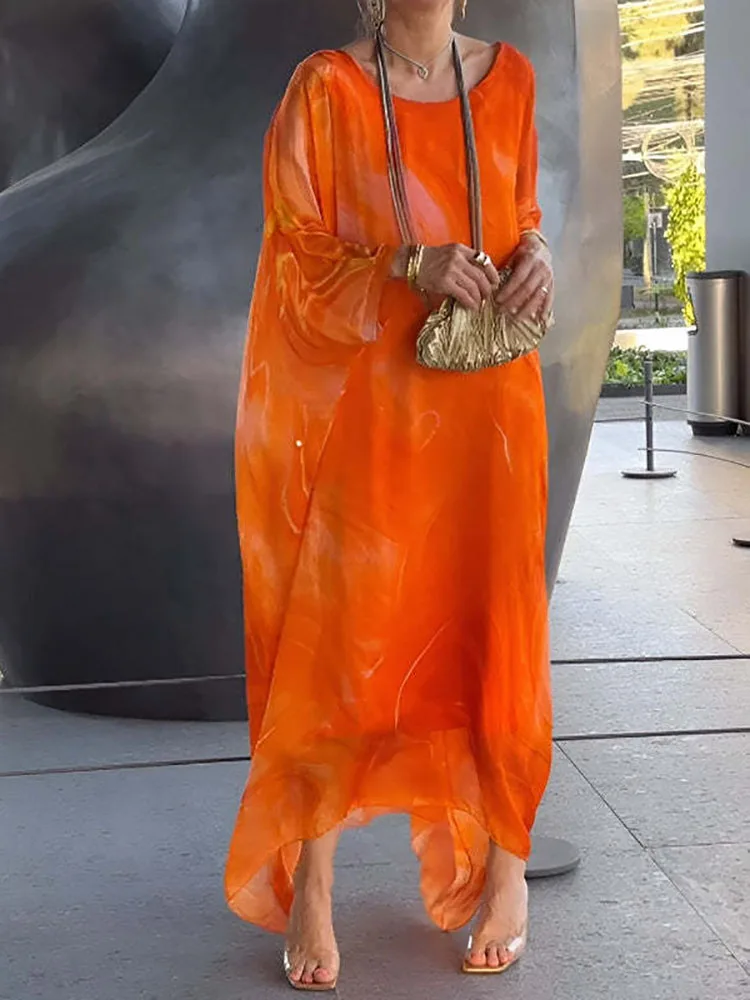 2026 Wrist Sleeve Print Patchwork Maxi Dress, Women O Neck Fashion Elegant Party Dress, Spring Autumn Simple Loose Ladies Dress