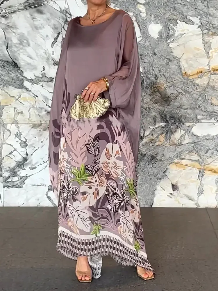 2026 Wrist Sleeve Print Patchwork Maxi Dress, Women O Neck Fashion Elegant Party Dress, Spring Autumn Simple Loose Ladies Dress
