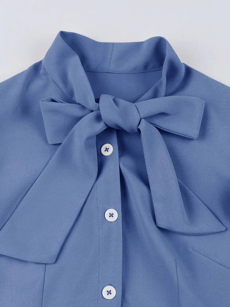 Tonval Bow Neck Button Up Ruffle Sleeve Elegant Long Dresses Summer Vacation Clothes for Women Vintage Solid Pleated Midi Dress