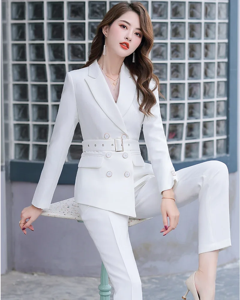 Asymmetric Size S-5XL Women Pant Suit With Belt Red White Black Two Pieces Set Triple Breasted Blazer With Trouser For Winter