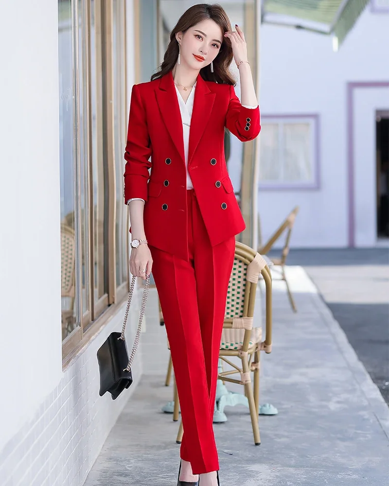 Asymmetric Size S-5XL Women Pant Suit With Belt Red White Black Two Pieces Set Triple Breasted Blazer With Trouser For Winter