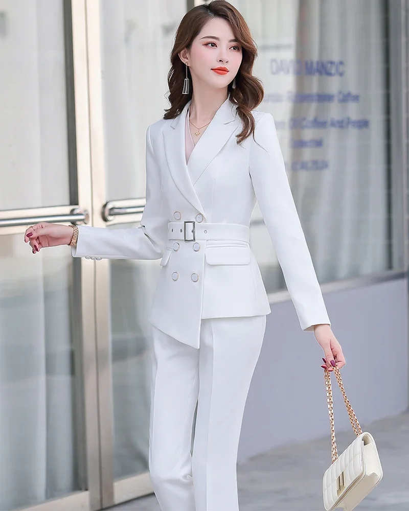 Asymmetric Size S-5XL Women Pant Suit With Belt Red White Black Two Pieces Set Triple Breasted Blazer With Trouser For Winter
