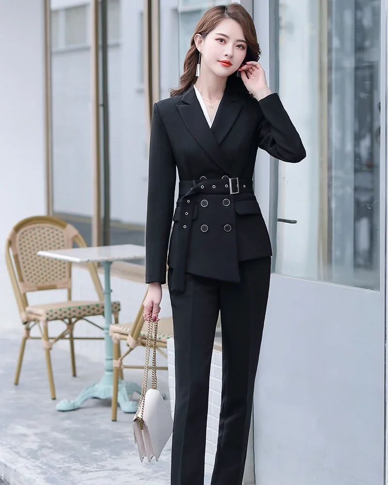 Asymmetric Size S-5XL Women Pant Suit With Belt Red White Black Two Pieces Set Triple Breasted Blazer With Trouser For Winter