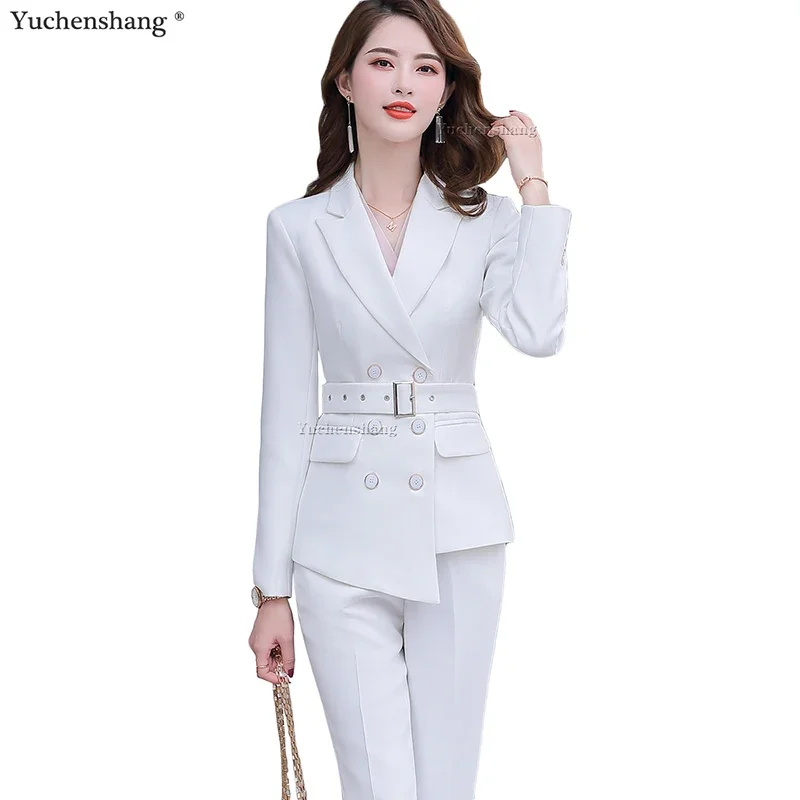 Asymmetric Size S-5XL Women Pant Suit With Belt Red White Black Two Pieces Set Triple Breasted Blazer With Trouser For Winter